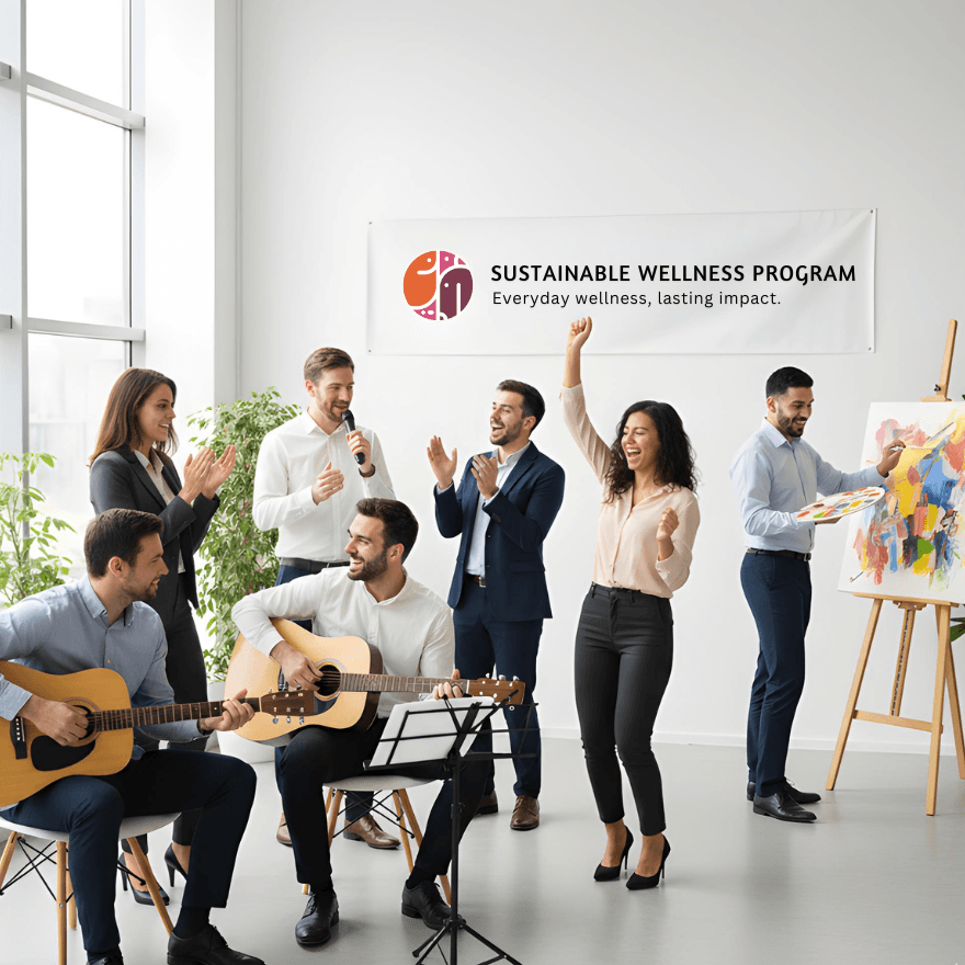 Diverse team engaging in creative wellness activities - music, dance, and art in a modern office setting